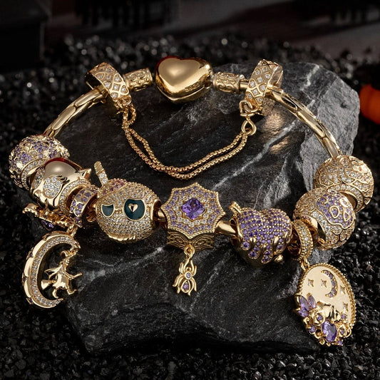 gona- Sterling Silver Mystic Midnight Charms Bracelet Set With Enamel In 14K Gold Plated (Includes bracelet and all charms shown)