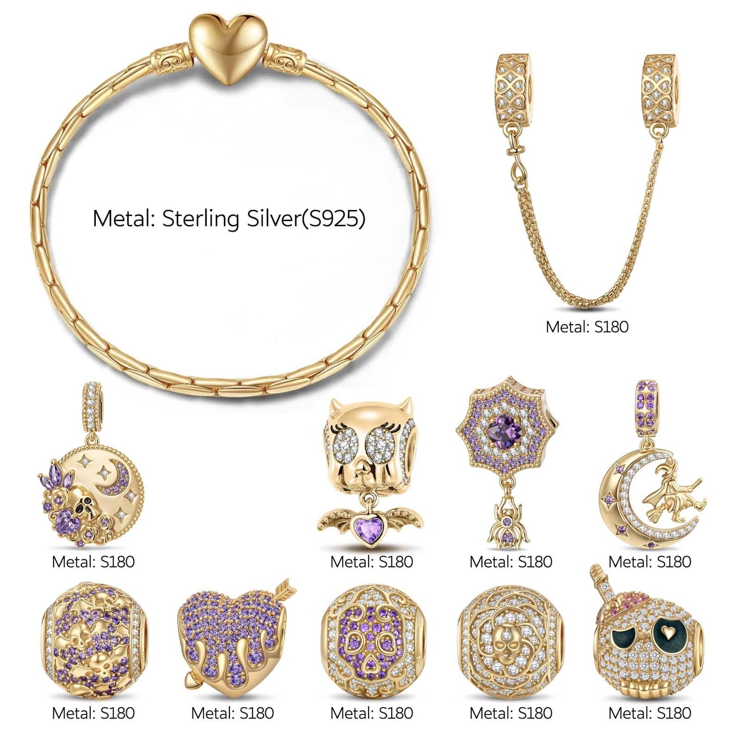 Sterling Silver Mystic Midnight Charms Bracelet Set With Enamel In 14K Gold Plated (Includes bracelet and all charms shown)