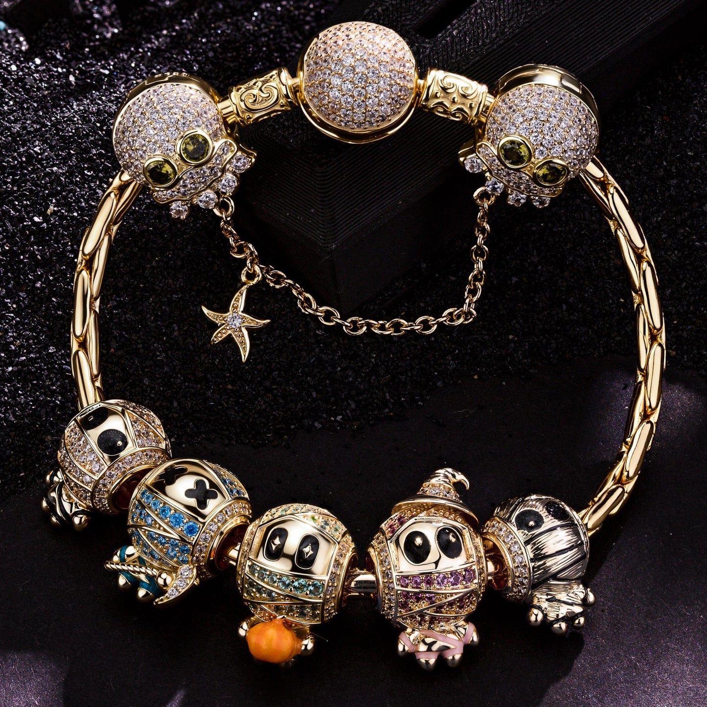 Sterling Silver Mummy Mischief Charms Bracelet Set With Enamel In 14K Gold Plated (Includes bracelet and all charms shown)