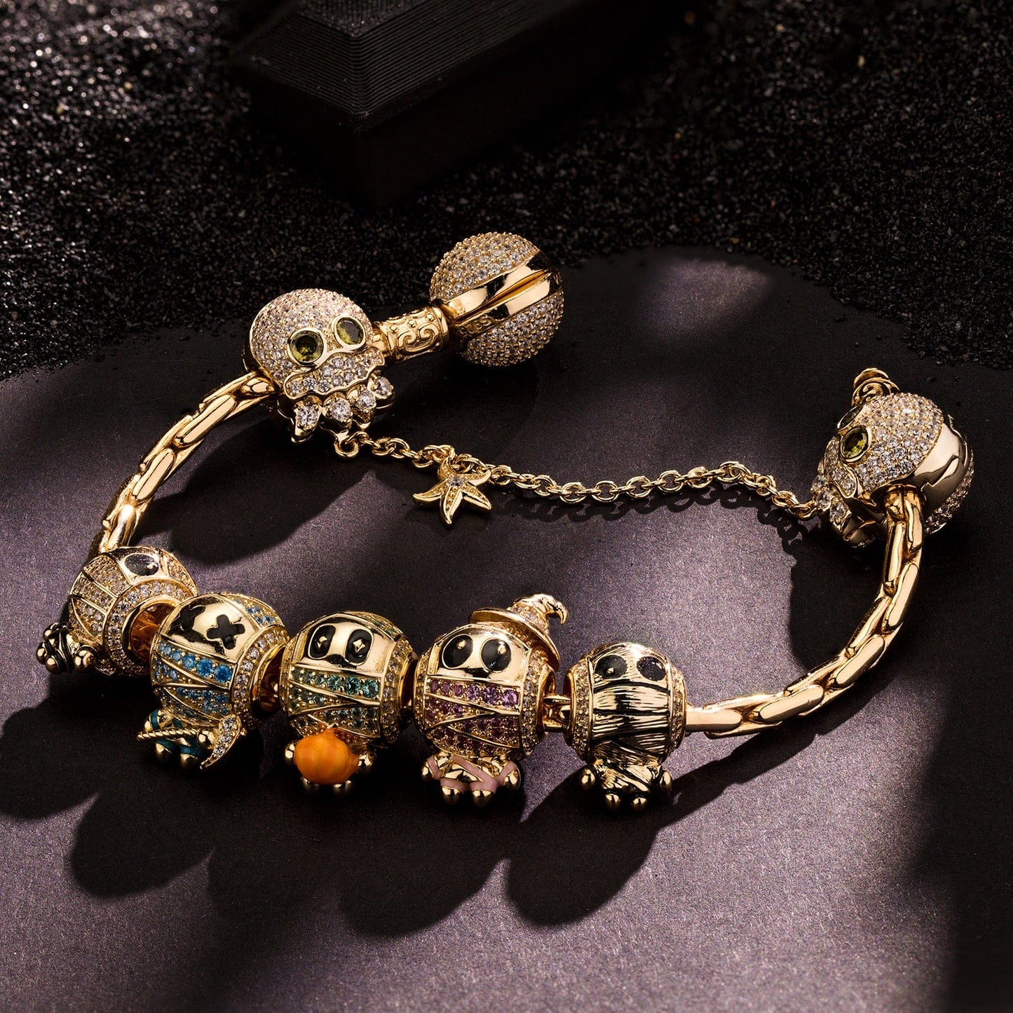 Sterling Silver Mummy Mischief Charms Bracelet Set With Enamel In 14K Gold Plated (Includes bracelet and all charms shown)