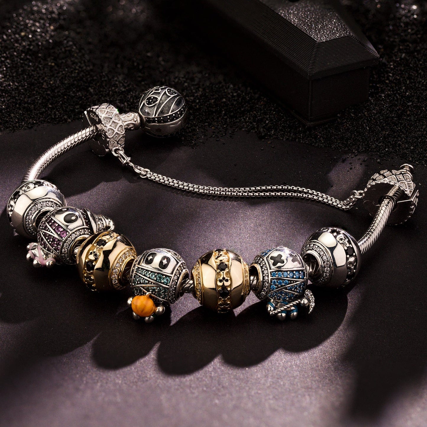 Sterling Silver Macabre Mummies Charms Bracelet Set With Enamel In Two-Tone Plating (Includes bracelet and all charms shown)