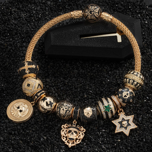 gona- Sterling Silver Men's Nightfall Warrior Charms Bracelet Set With Enamel In 14K Gold Plated (Includes bracelet and all charms shown)