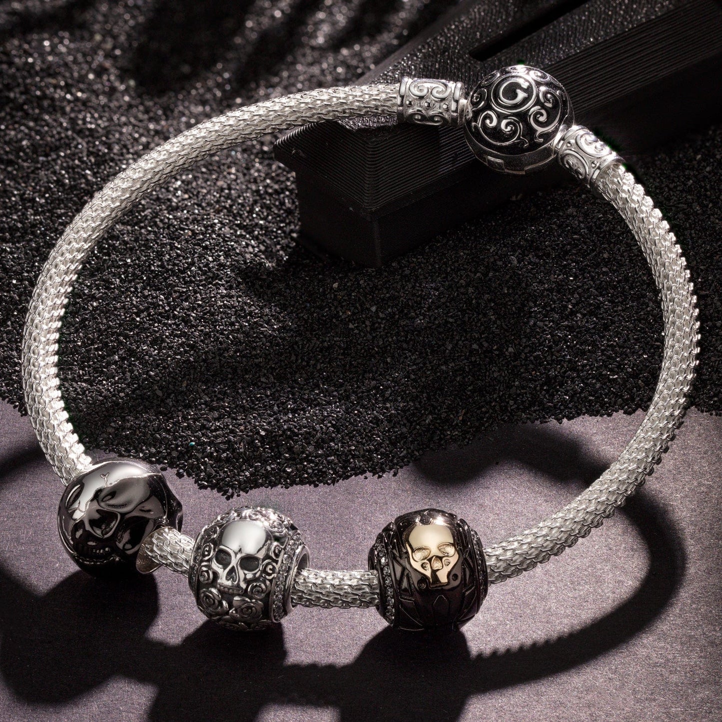 Sterling Silver Men's Shadow Hunter Western Charms Bracelet Set With Enamel In White Gold Plated (Includes bracelet and all charms shown)