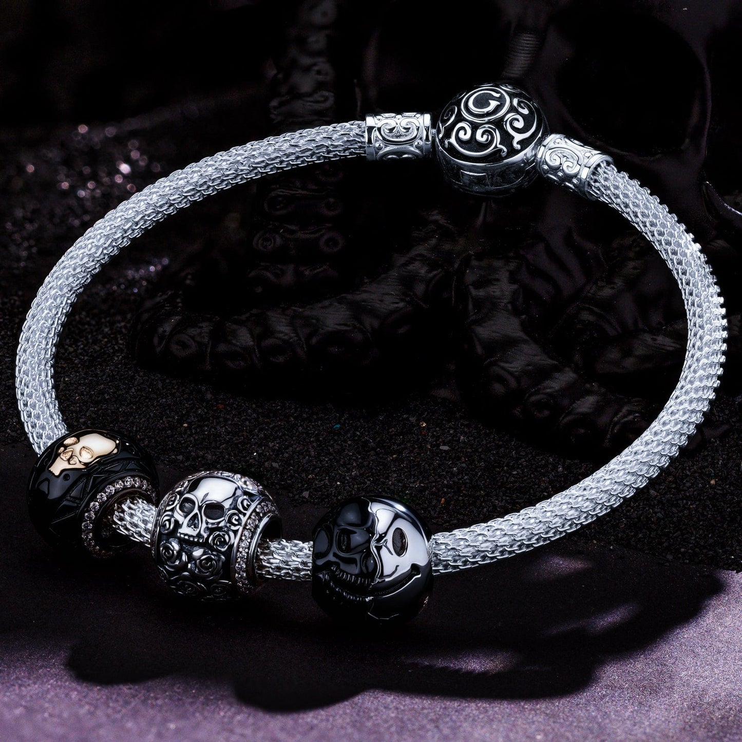 Sterling Silver Men's Shadow Hunter Western Charms Bracelet Set With Enamel In White Gold Plated (Includes bracelet and all charms shown)