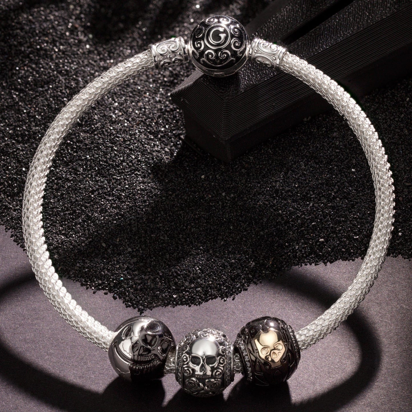 Sterling Silver Men's Shadow Hunter Western Charms Bracelet Set With Enamel In White Gold Plated (Includes bracelet and all charms shown)