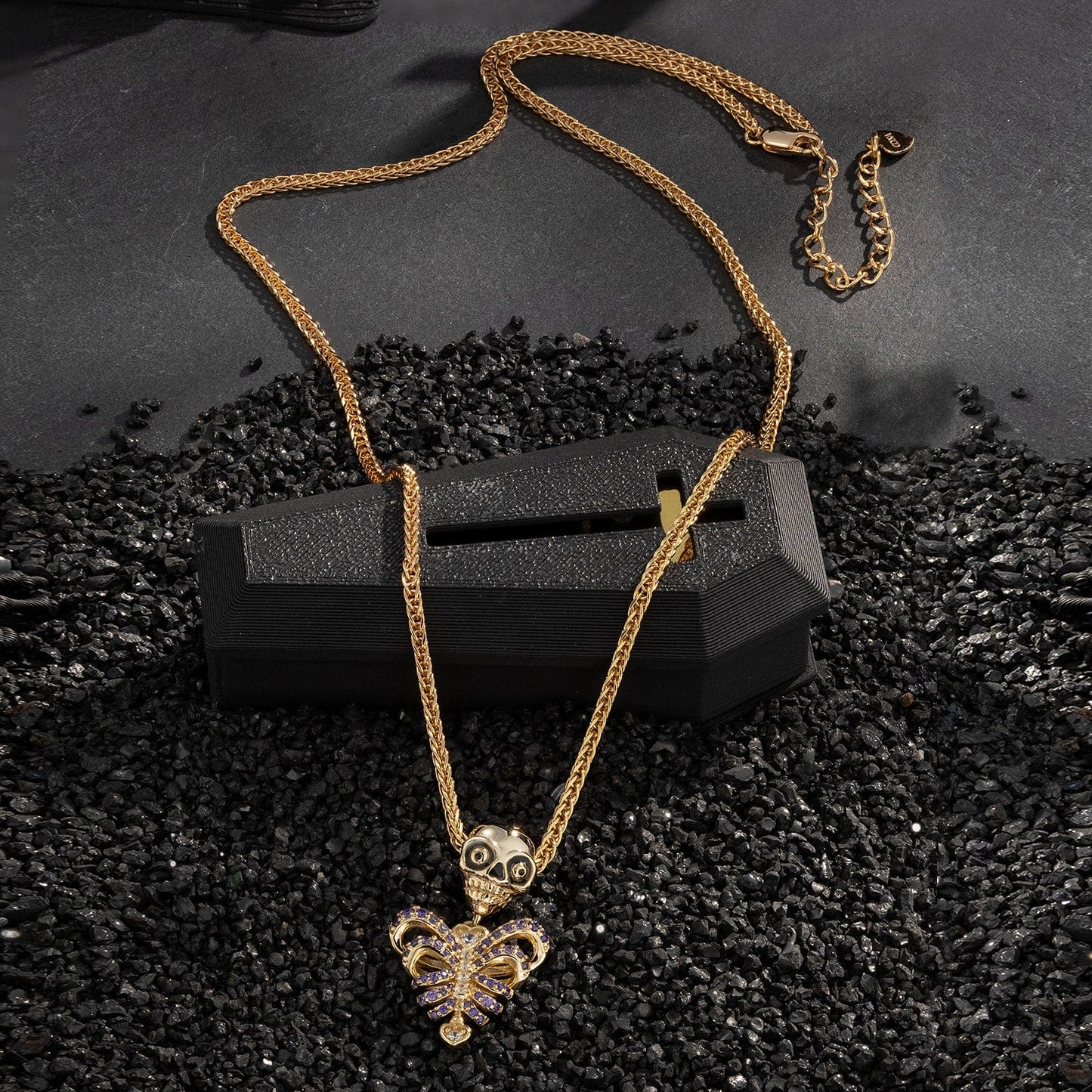Sterling Silver Bone Heart Charms Necklace Set With Enamel In 14K Gold Plated