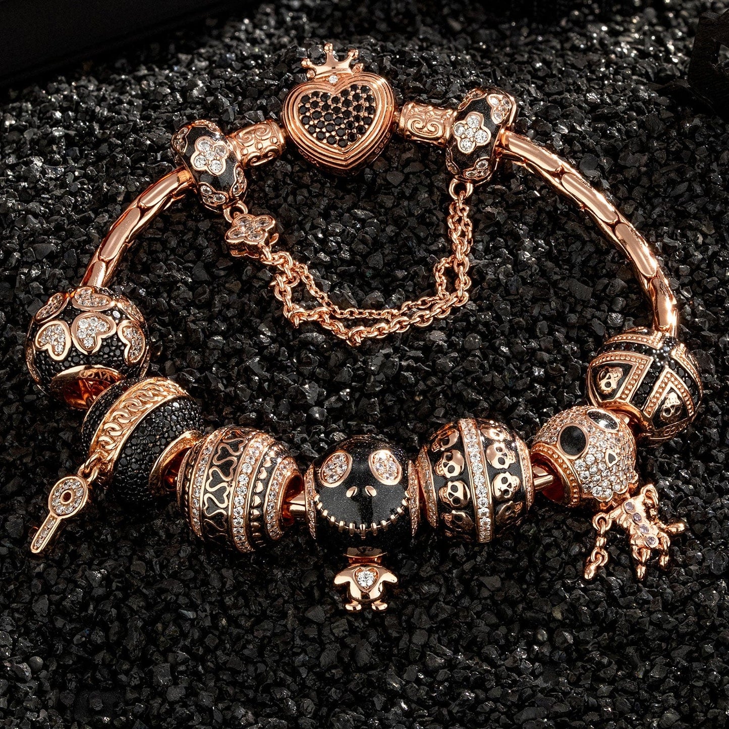 Sterling Silver Crimson Skull Charms Bracelet Set With Enamel In Rose Gold Plated (Includes bracelet and all charms shown)
