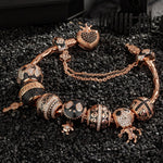 Sterling Silver Crimson Skull Charms Bracelet Set With Enamel In Rose Gold Plated (Includes bracelet and all charms shown)