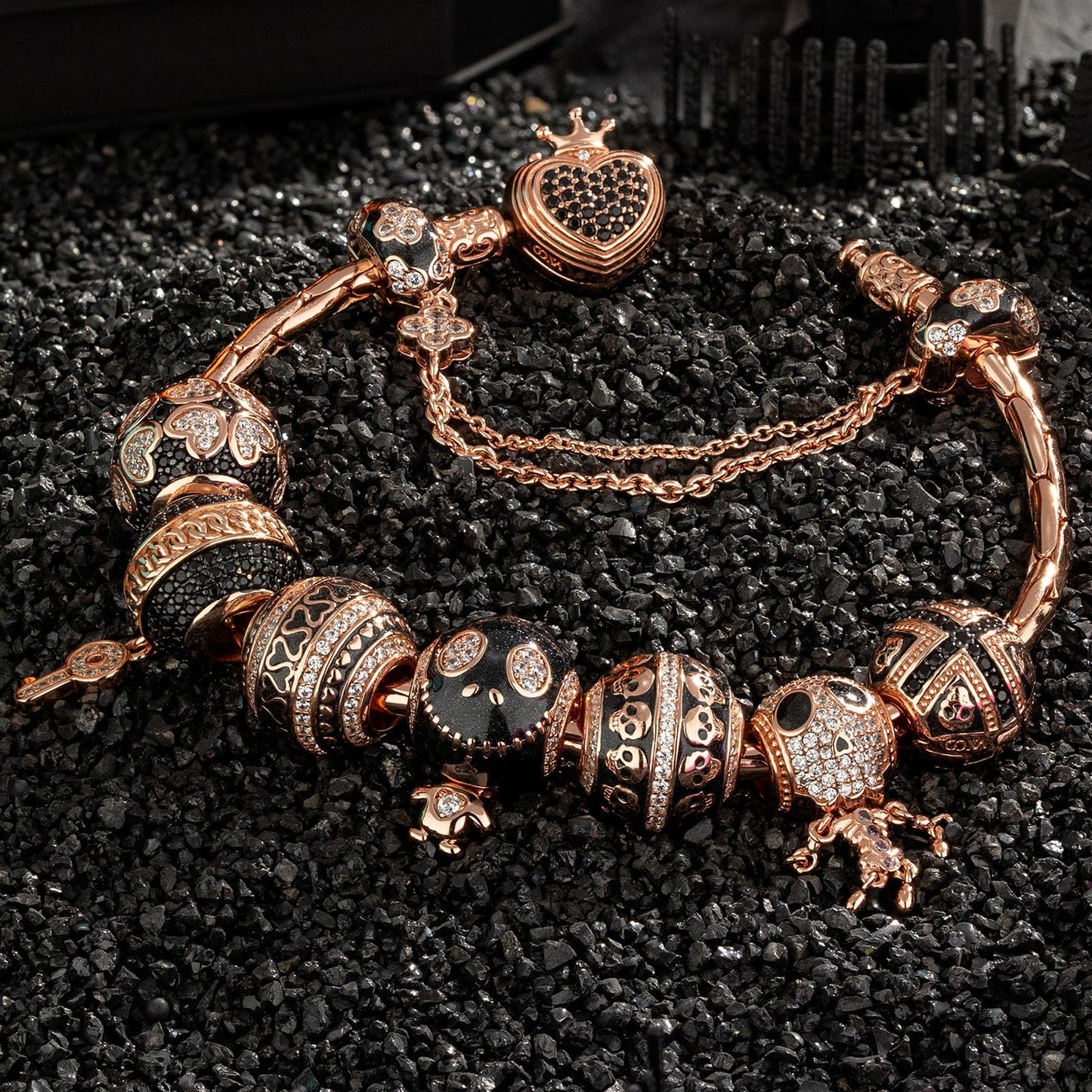 Sterling Silver Crimson Skull Charms Bracelet Set With Enamel In Rose Gold Plated (Includes bracelet and all charms shown)