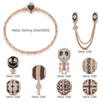 Sterling Silver Crimson Skull Charms Bracelet Set With Enamel In Rose Gold Plated (Includes bracelet and all charms shown)