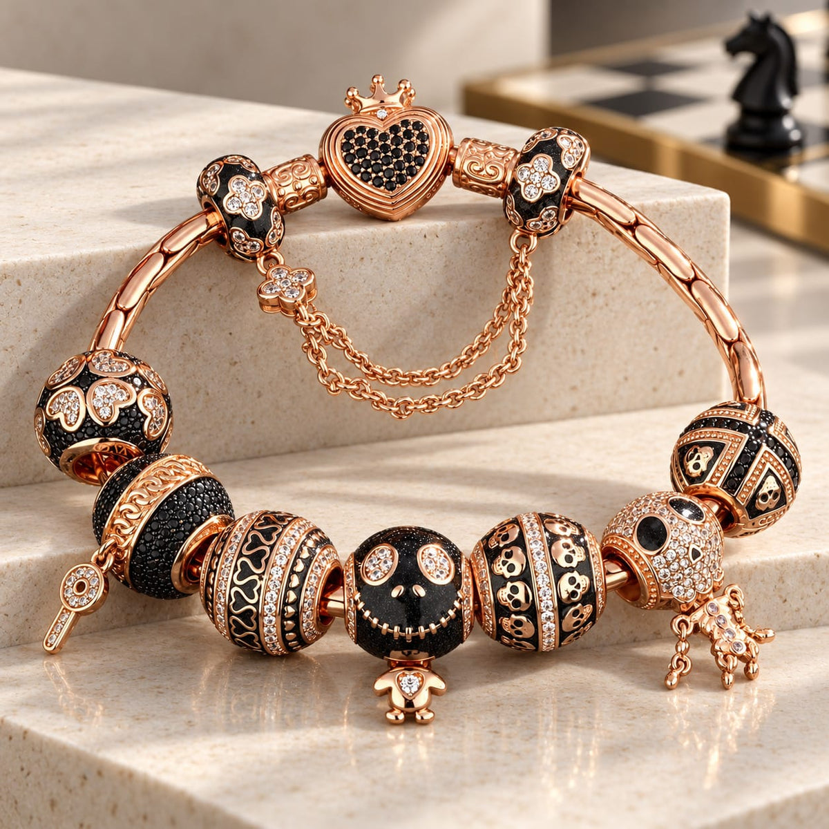 Sterling Silver Crimson Skull Charms Bracelet Set With Enamel In Rose Gold Plated (Includes bracelet and all charms shown)
