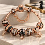 Sterling Silver Crimson Skull Charms Bracelet Set With Enamel In Rose Gold Plated (Includes bracelet and all charms shown)