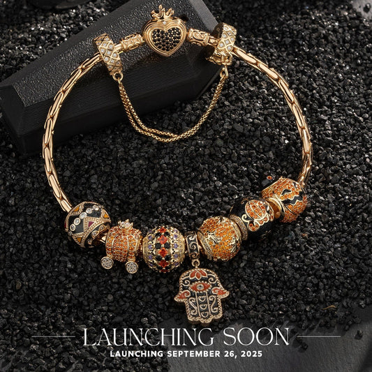 gona- Sterling Silver Whimsical Pumpkin Journey Charms Bracelet Set With Enamel In 14K Gold Plated (Includes bracelet and all charms shown)