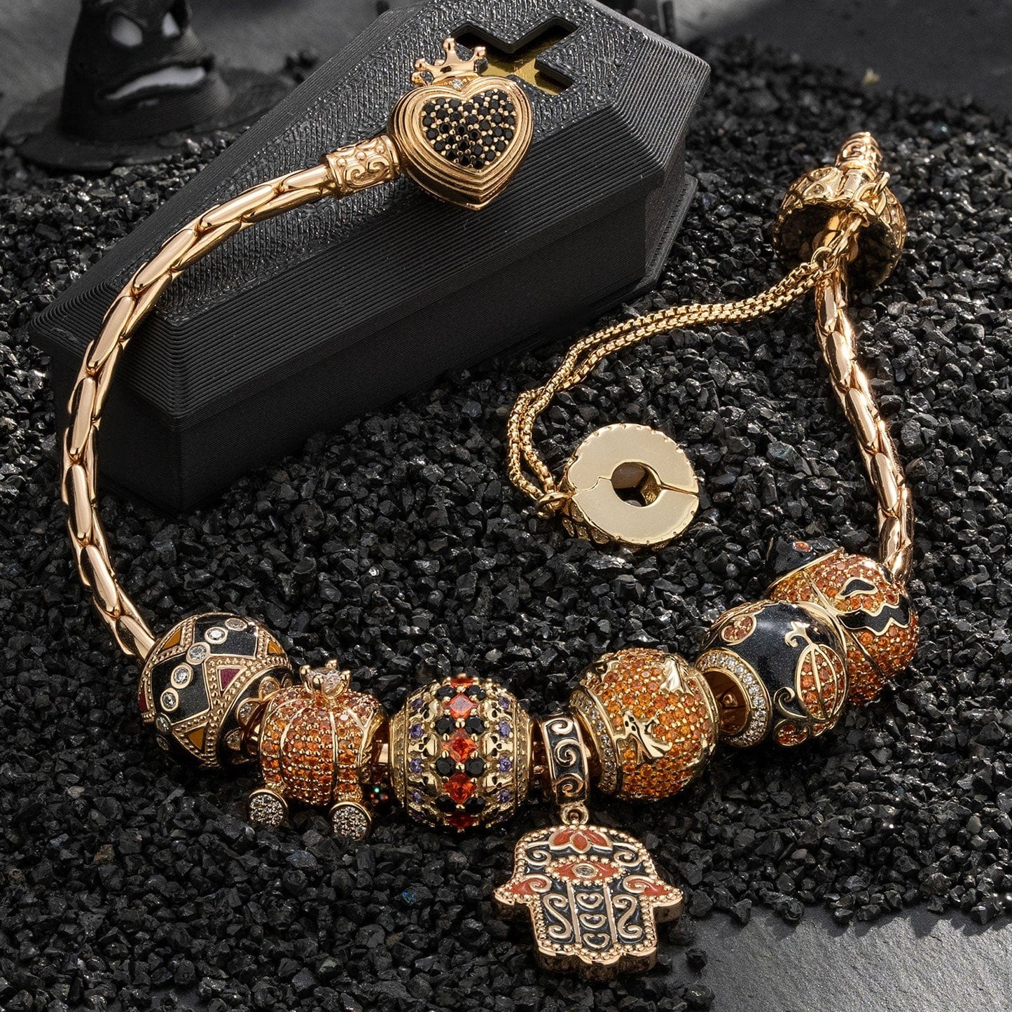 Sterling Silver Whimsical Pumpkin Journey Charms Bracelet Set With Enamel In 14K Gold Plated (Includes bracelet and all charms shown)