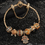 Sterling Silver Whimsical Pumpkin Journey Charms Bracelet Set With Enamel In 14K Gold Plated (Includes bracelet and all charms shown)