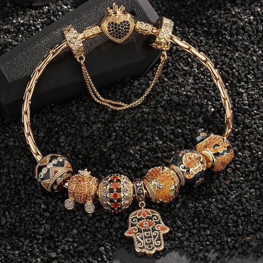 gona- Sterling Silver Whimsical Pumpkin Journey Charms Bracelet Set With Enamel In 14K Gold Plated (Includes bracelet and all charms shown)