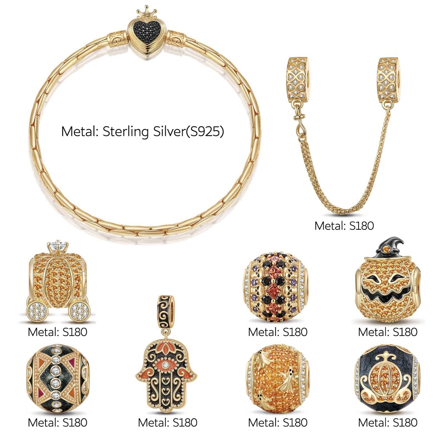 Sterling Silver Whimsical Pumpkin Journey Charms Bracelet Set With Enamel In 14K Gold Plated (Includes bracelet and all charms shown)
