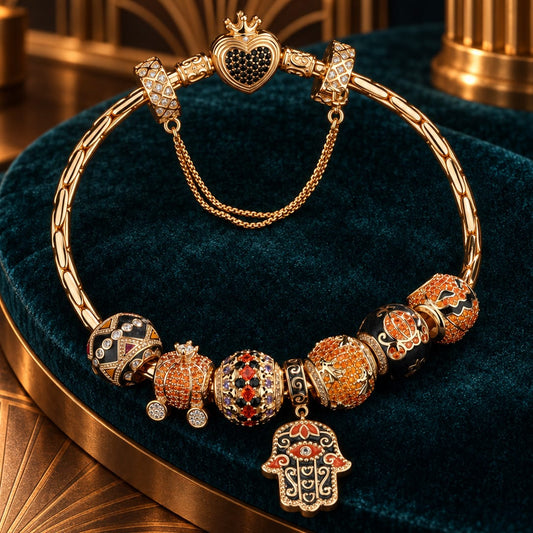 gona- Sterling Silver Whimsical Pumpkin Journey Charms Bracelet Set With Enamel In 14K Gold Plated (Includes bracelet and all charms shown)