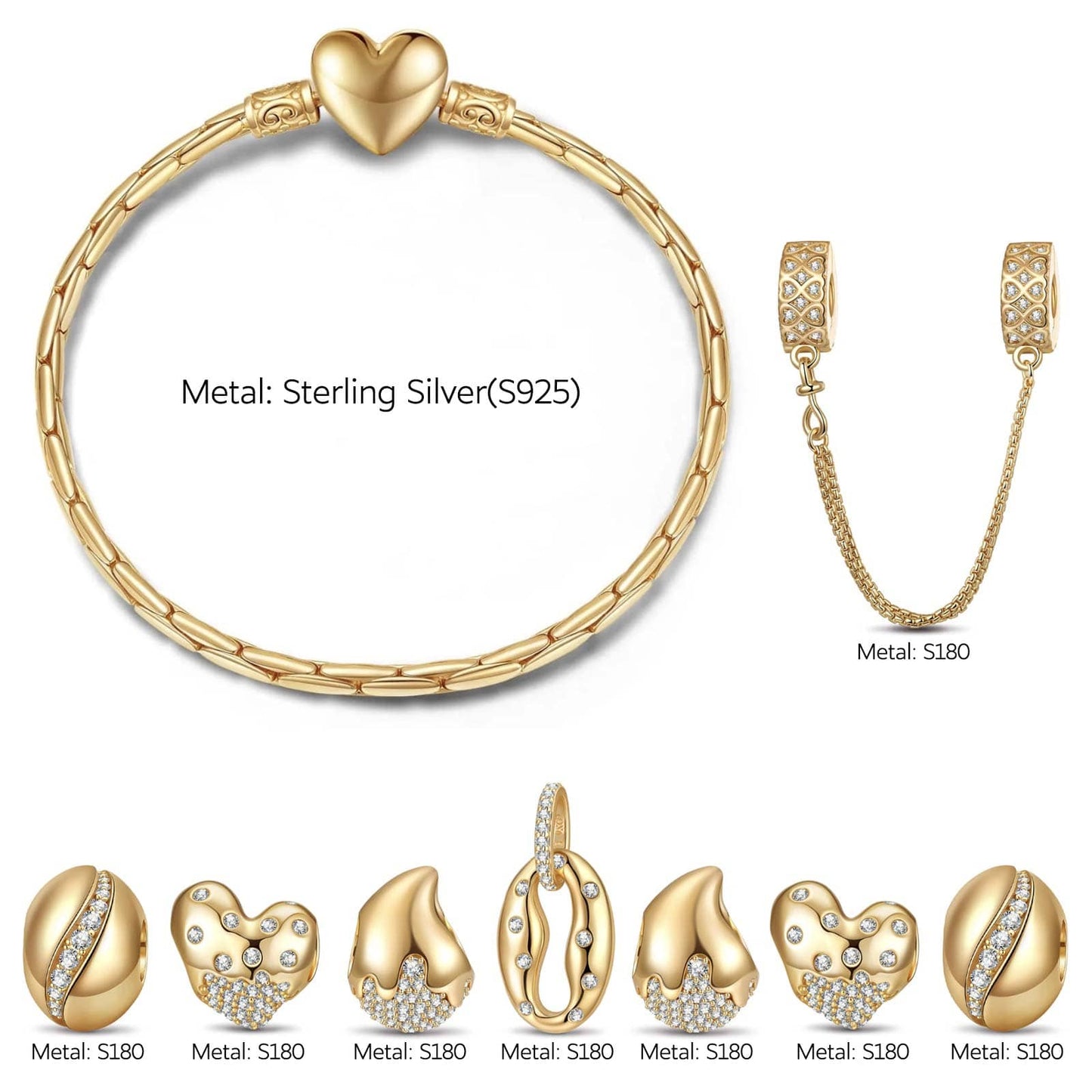 Sterling Silver Parisian Pause Charms Bracelet Set In 14K Gold Plated (Includes bracelet and all charms shown)