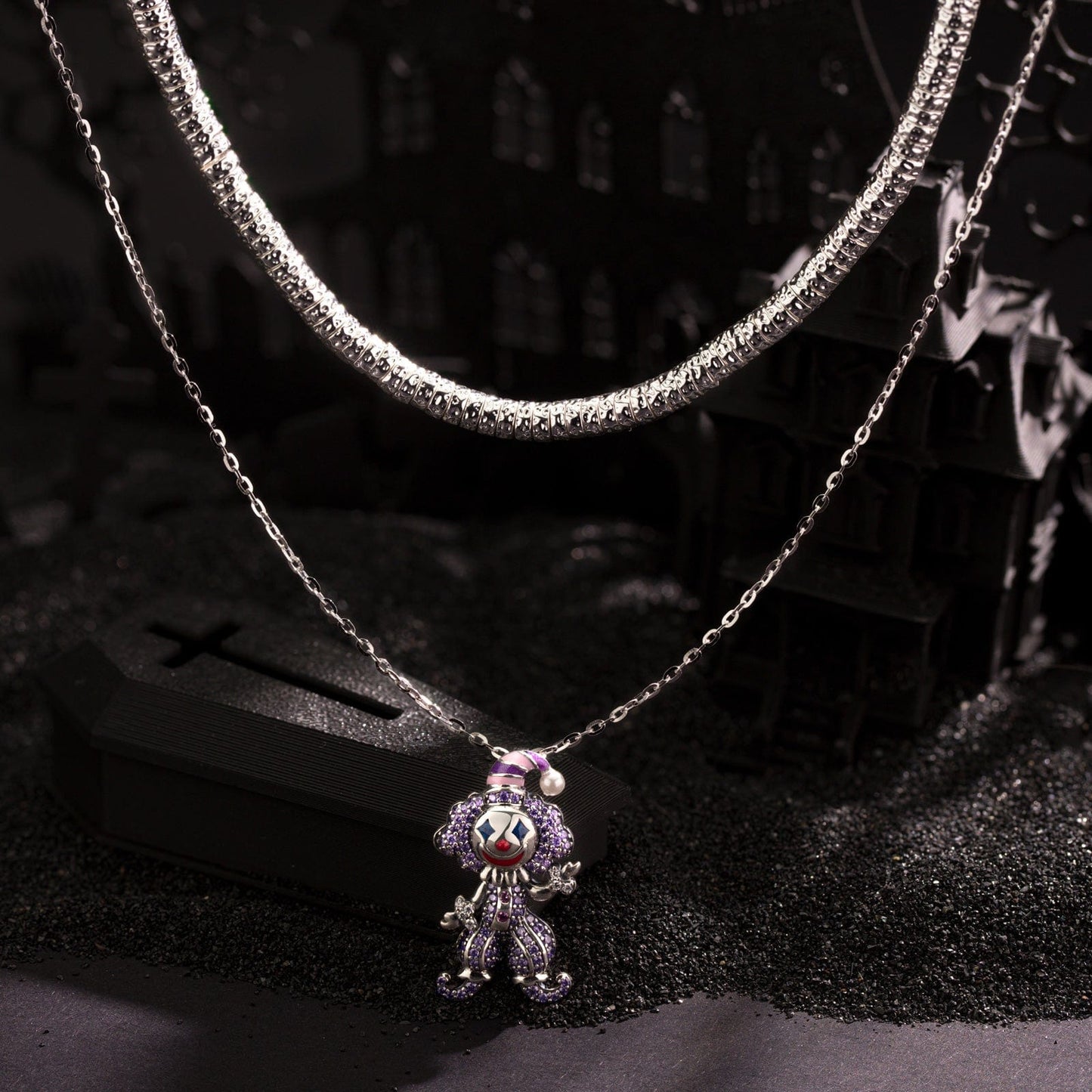 Sterling Silver Trickster's Masquerade Charms Necklace Set With Enamel In White Gold Plated