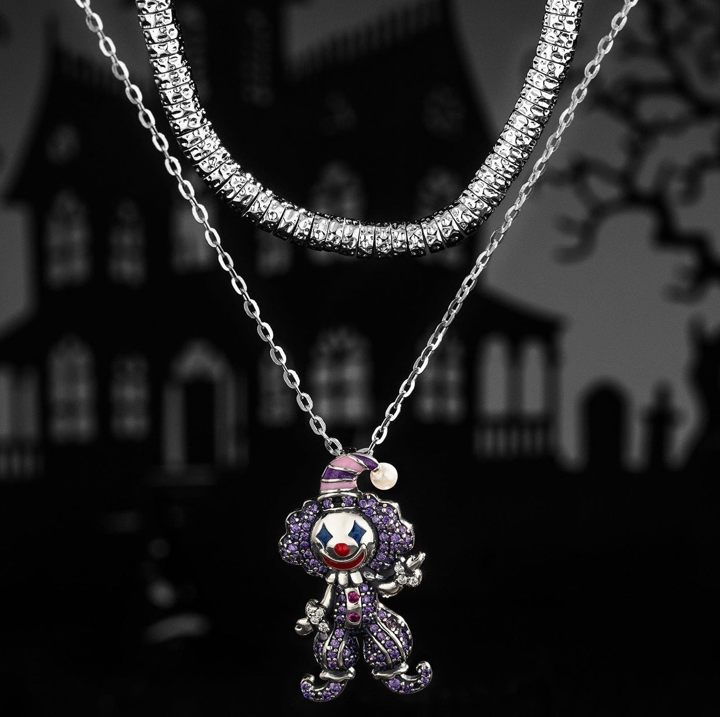 Sterling Silver Trickster's Masquerade Charms Necklace Set With Enamel In White Gold Plated