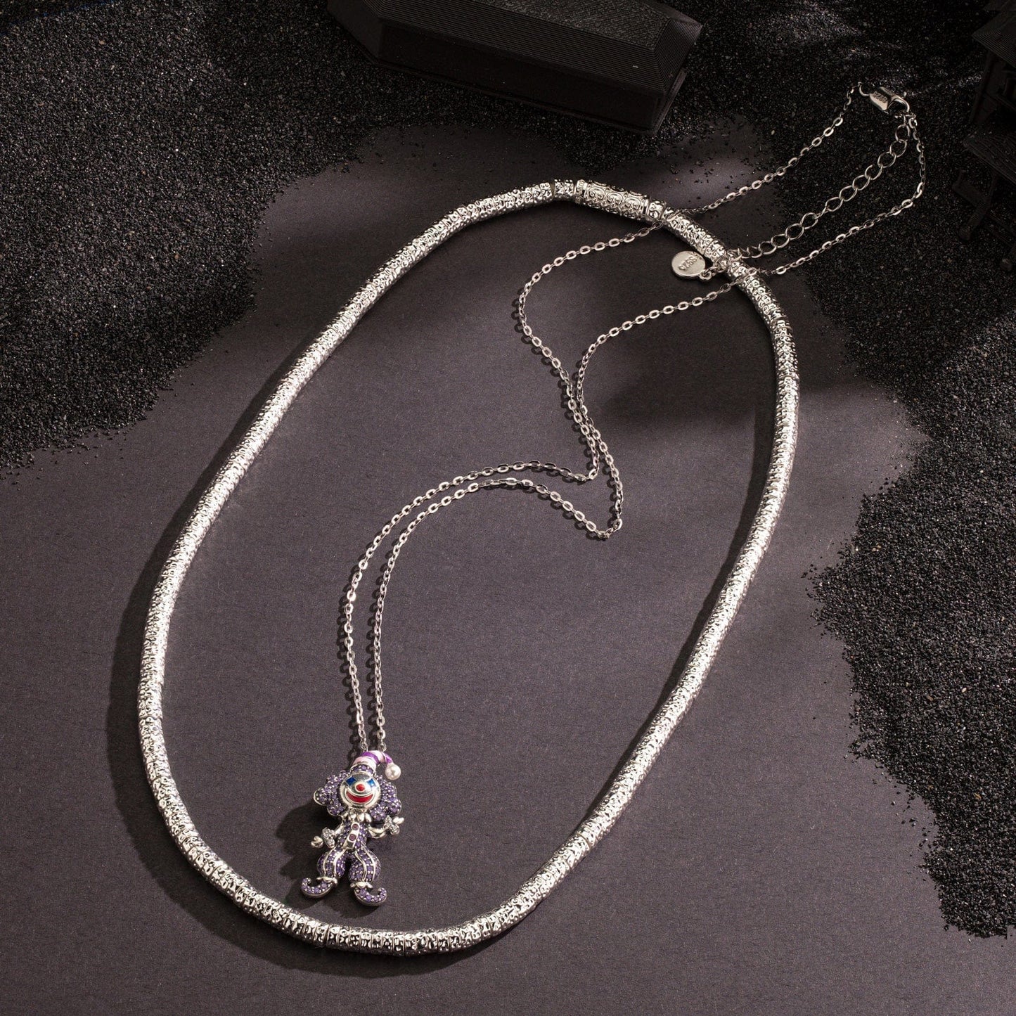 Sterling Silver Trickster's Masquerade Charms Necklace Set With Enamel In White Gold Plated