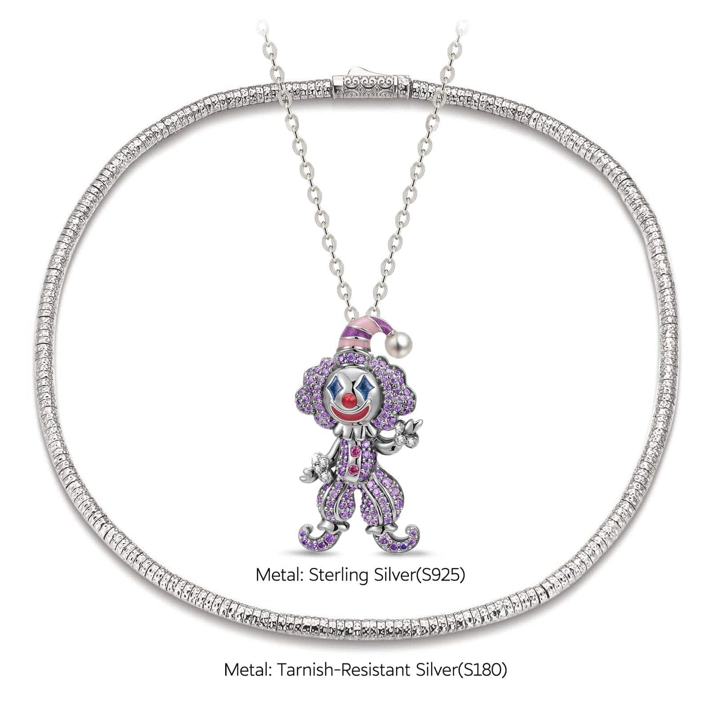 Sterling Silver Trickster's Masquerade Charms Necklace Set With Enamel In White Gold Plated