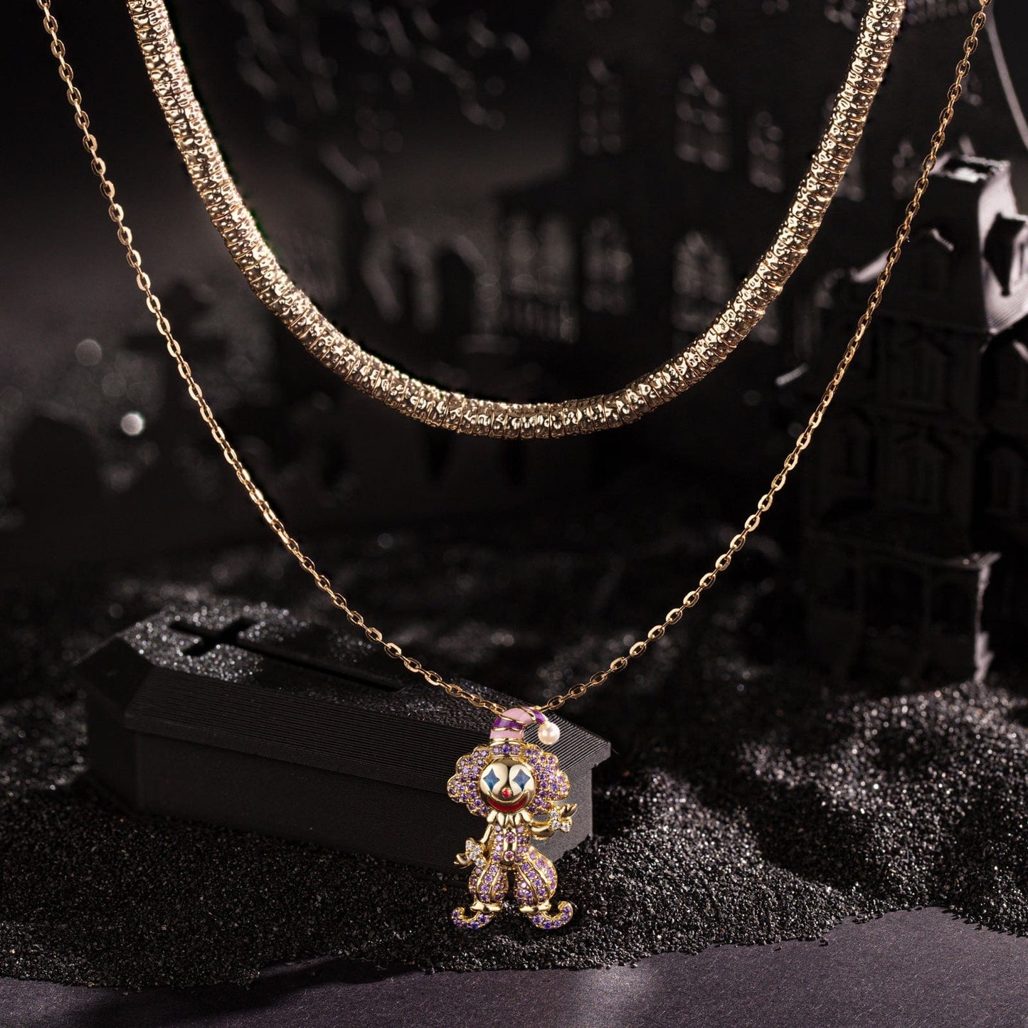 Sterling Silver Trickster's Masquerade Charms Necklace Set With Enamel In 14K Gold Plated