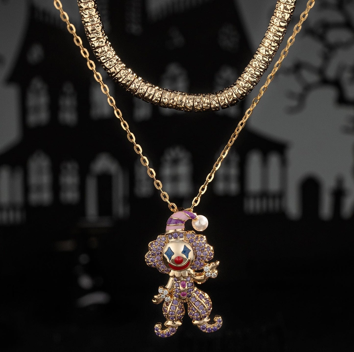 Sterling Silver Trickster's Masquerade Charms Necklace Set With Enamel In 14K Gold Plated