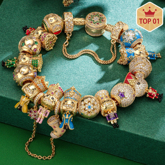 gona- Sterling Silver Regal Festivities Charms Bracelet Set With Enamel In 14K Gold Plated (Includes bracelet and all charms shown)