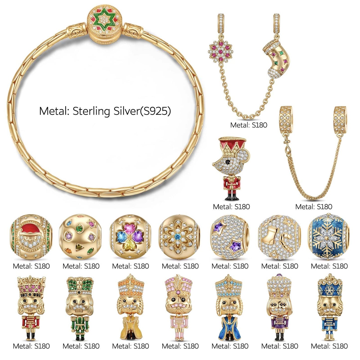 Sterling Silver Regal Festivities Charms Bracelet Set With Enamel In 14K Gold Plated (Includes bracelet and all charms shown)