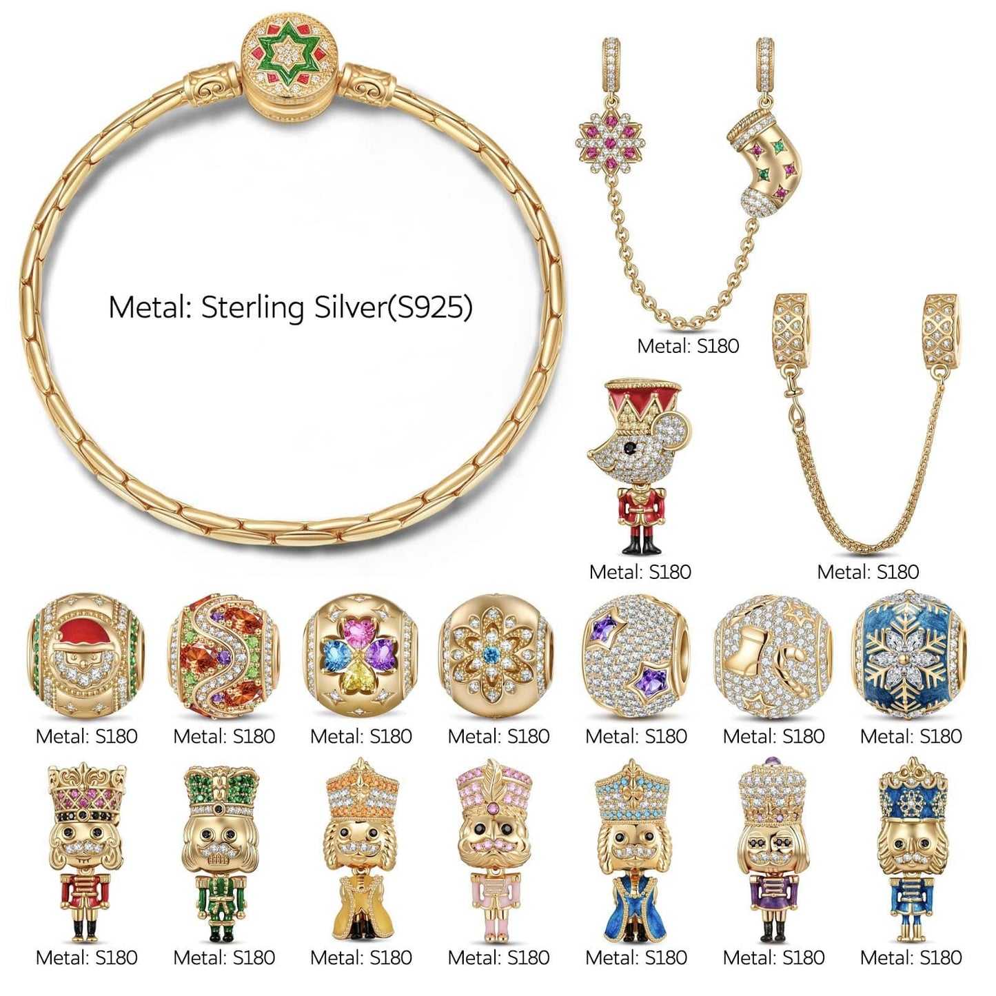 Sterling Silver Regal Festivities Charms Bracelet Set With Enamel In 14K Gold Plated (Includes bracelet and all charms shown)