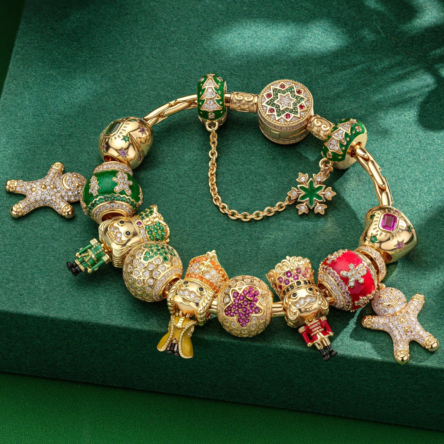 Sterling Silver Christmas Sweet Brigade Charms Bracelet Set With Enamel In 14K Gold Plated (Includes bracelet and all charms shown)