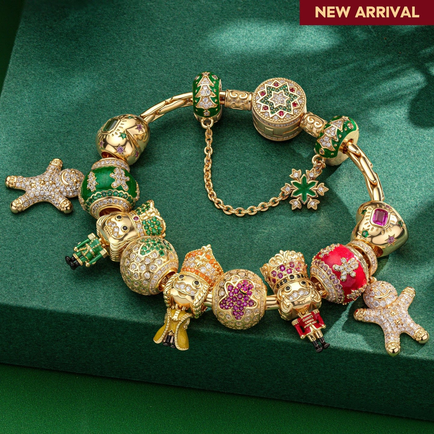 Sterling Silver Christmas Sweet Brigade Charms Bracelet Set With Enamel In 14K Gold Plated (Includes bracelet and all charms shown)