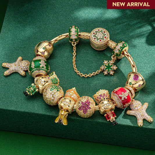 gona- Sterling Silver Christmas Sweet Brigade Charms Bracelet Set With Enamel In 14K Gold Plated (Includes bracelet and all charms shown)