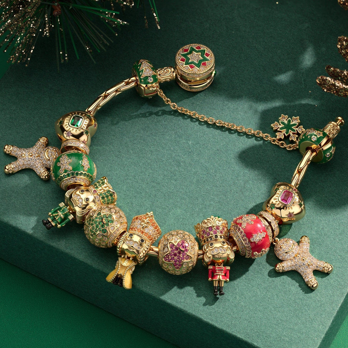 Sterling Silver Christmas Sweet Brigade Charms Bracelet Set With Enamel In 14K Gold Plated (Includes bracelet and all charms shown)