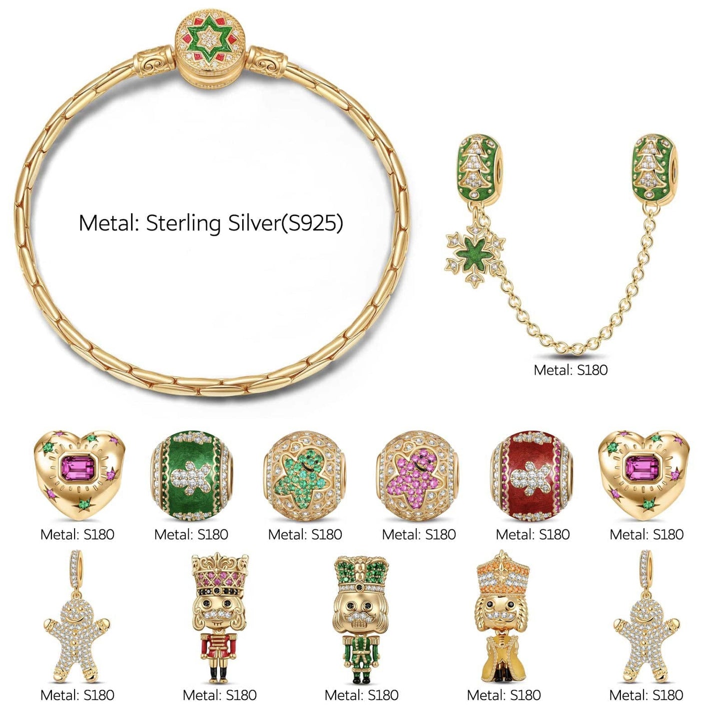 Sterling Silver Christmas Sweet Brigade Charms Bracelet Set With Enamel In 14K Gold Plated (Includes bracelet and all charms shown)