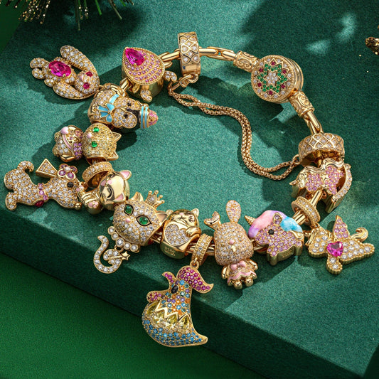 gona- Sterling Silver Merry Animal Gathering Charms Bracelet Set With Enamel In 14K Gold Plated (Includes bracelet and all charms shown)
