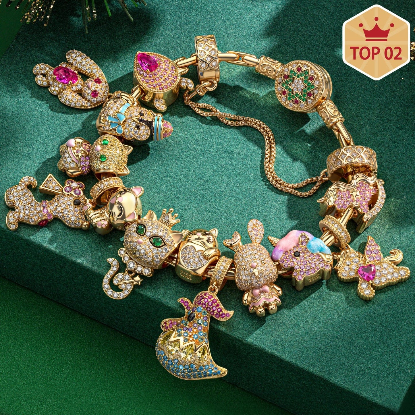 Sterling Silver Merry Animal Gathering Charms Bracelet Set With Enamel In 14K Gold Plated (Includes bracelet and all charms shown)