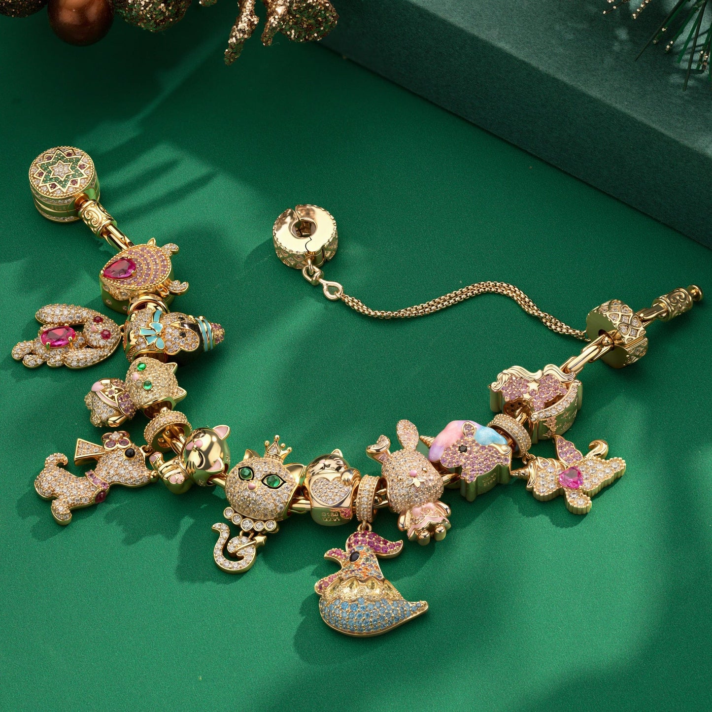 Sterling Silver Merry Animal Gathering Charms Bracelet Set With Enamel In 14K Gold Plated (Includes bracelet and all charms shown)