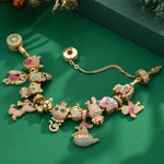 Sterling Silver Merry Animal Gathering Charms Bracelet Set With Enamel In 14K Gold Plated (Includes bracelet and all charms shown)