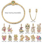 Sterling Silver Merry Animal Gathering Charms Bracelet Set With Enamel In 14K Gold Plated (Includes bracelet and all charms shown)
