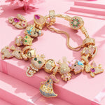 Sterling Silver Merry Animal Gathering Charms Bracelet Set With Enamel In 14K Gold Plated (Includes bracelet and all charms shown)