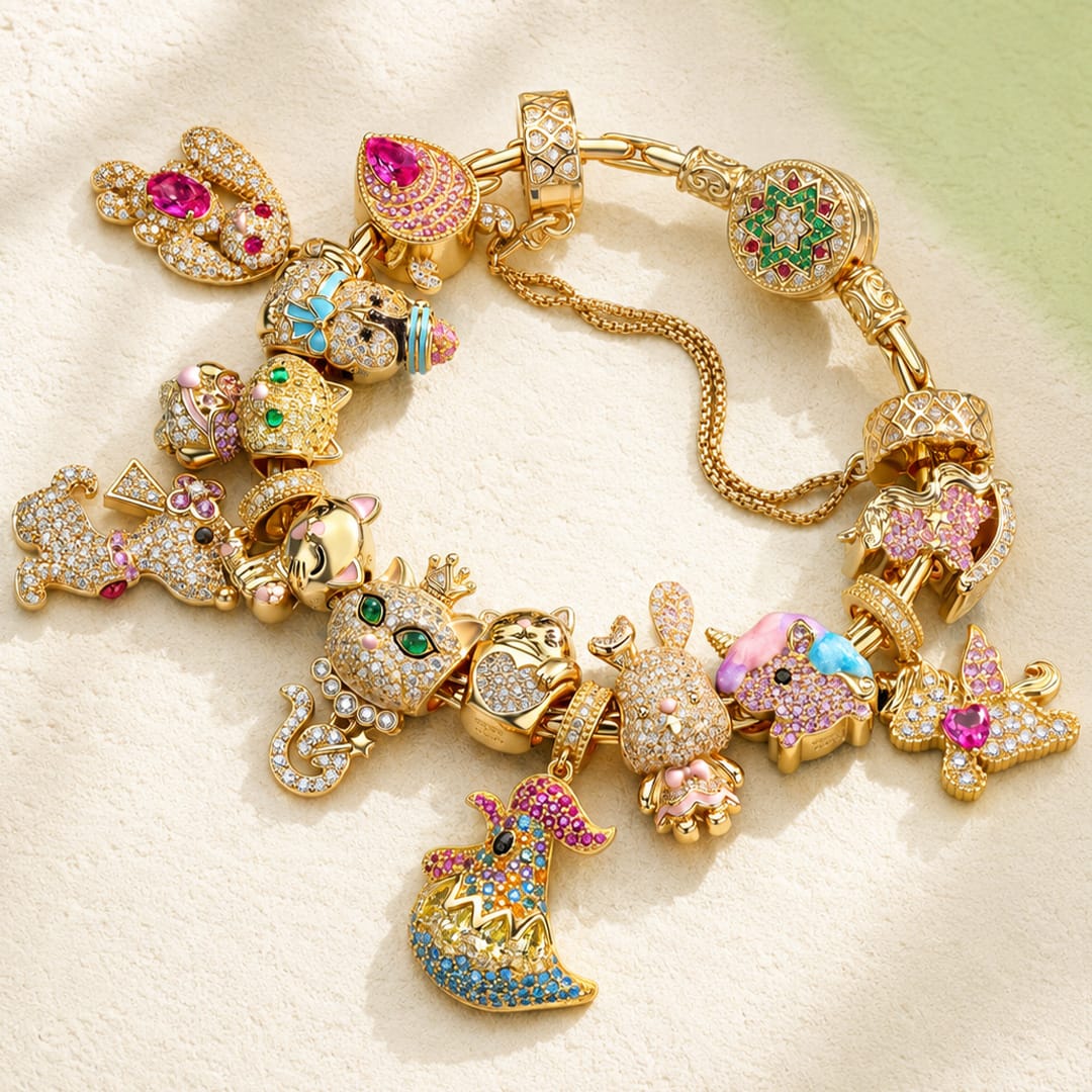 Sterling Silver Merry Animal Gathering Charms Bracelet Set With Enamel In 14K Gold Plated (Includes bracelet and all charms shown)
