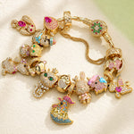 Sterling Silver Merry Animal Gathering Charms Bracelet Set With Enamel In 14K Gold Plated (Includes bracelet and all charms shown)