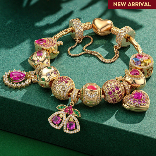 gona- Sterling Silver  Christmas Gift Harmony Charms Bracelet Set In 14K Gold Plated (Includes bracelet and all charms shown)