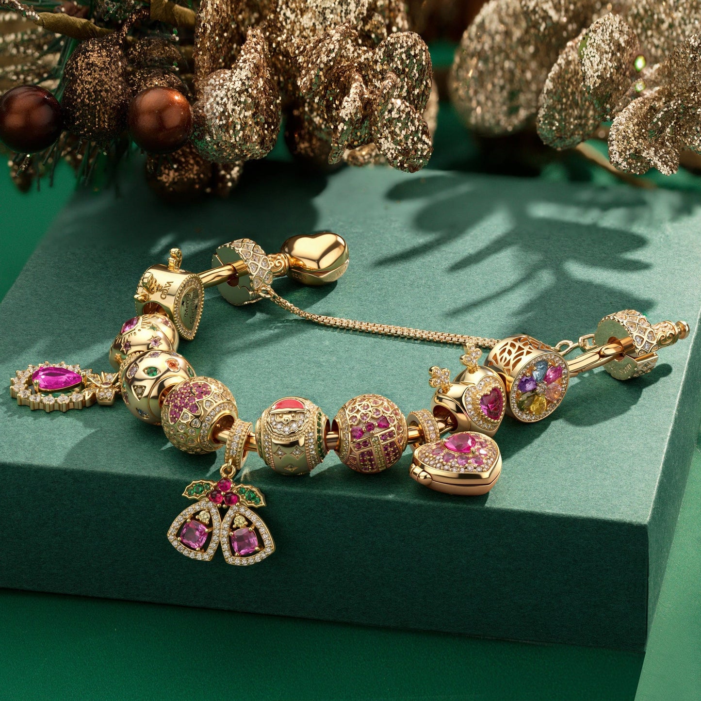 Sterling Silver  Christmas Gift Harmony Charms Bracelet Set In 14K Gold Plated (Includes bracelet and all charms shown)