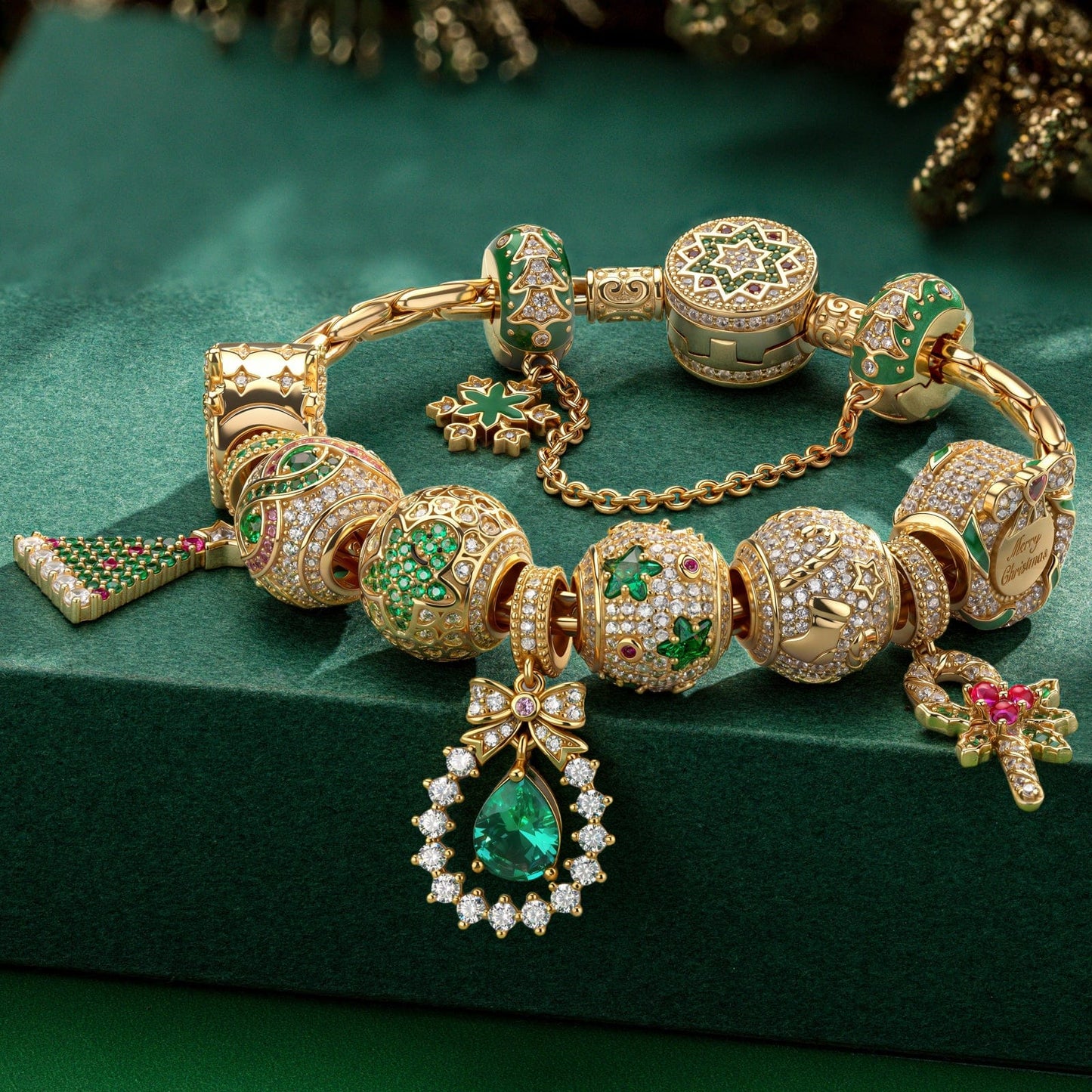 Sterling Silver Merry Gathering Charms Bracelet Set With Enamel In 14K Gold Plated (Includes bracelet and all charms shown)