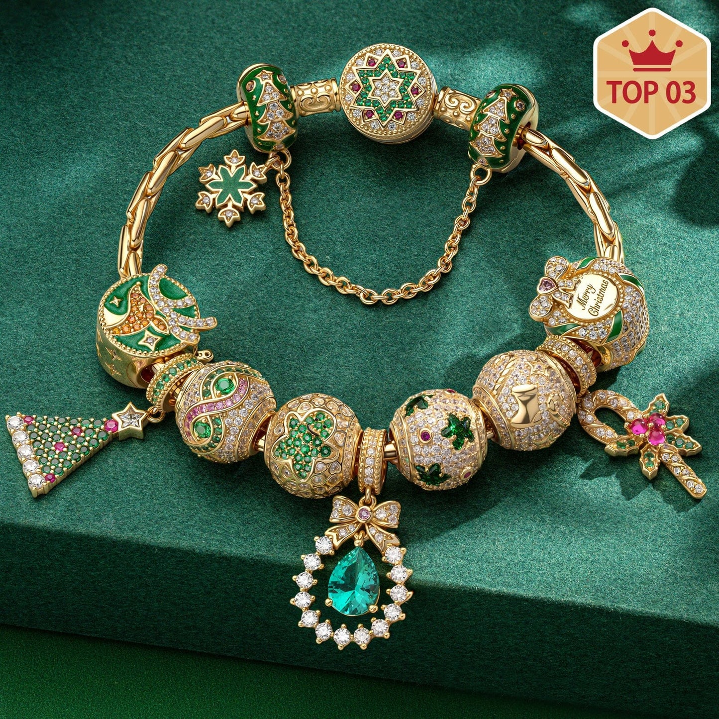 Sterling Silver Merry Gathering Charms Bracelet Set With Enamel In 14K Gold Plated (Includes bracelet and all charms shown)