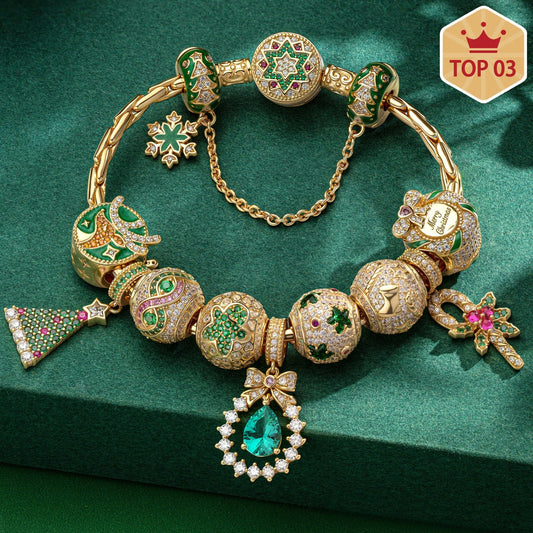 gona- Sterling Silver Merry Gathering Charms Bracelet Set With Enamel In 14K Gold Plated (Includes bracelet and all charms shown)